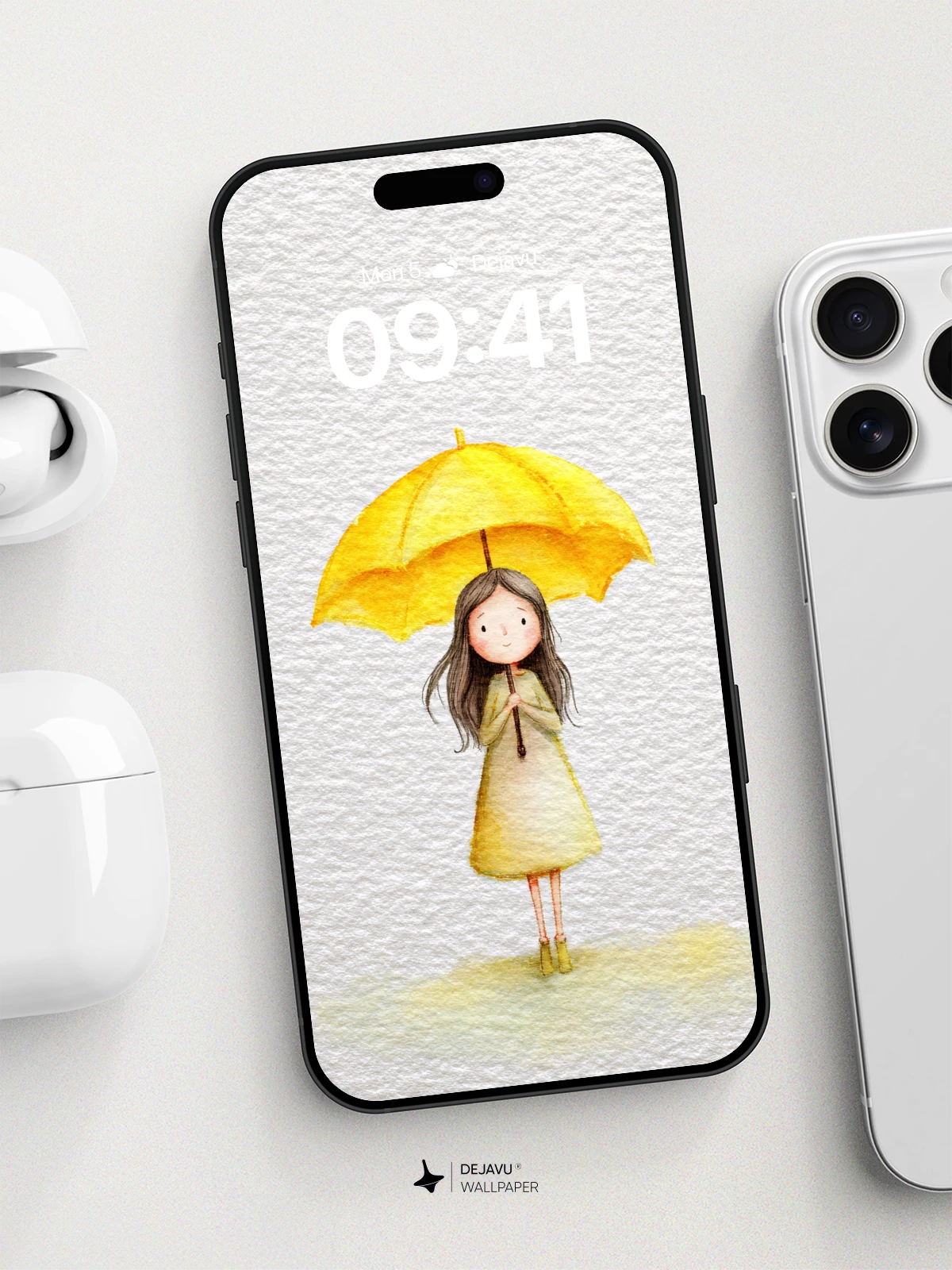 Whimsical Girl With Yellow Umbrella Wallpaper 8K