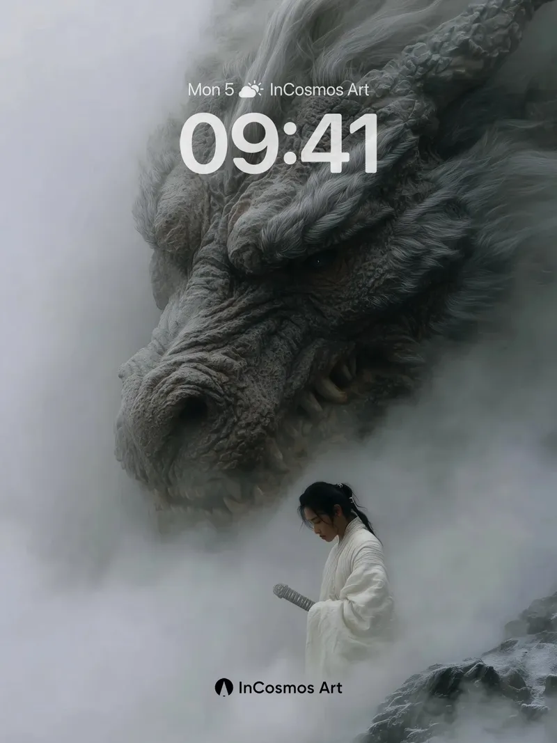 Mist-Woven Dragon Wallpaper with Silent Warrior