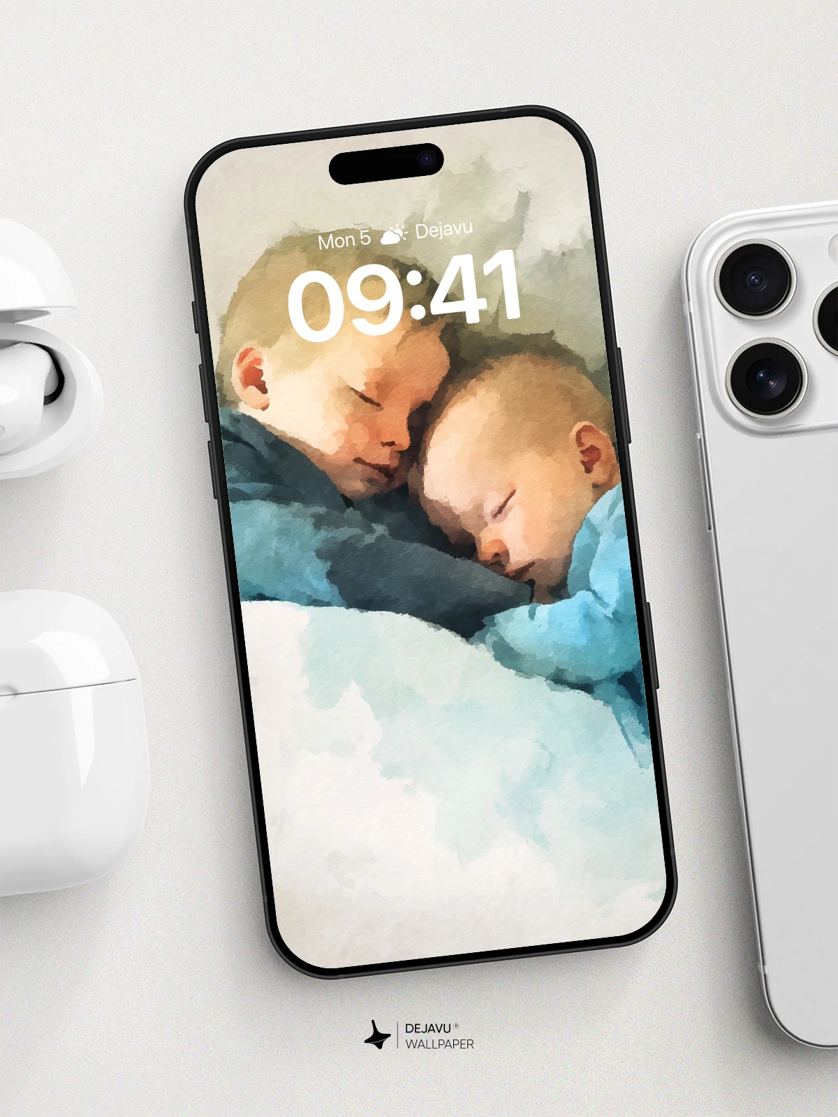 Watercolor Sleeping Twins Wallpaper 8K for iPhone and Android