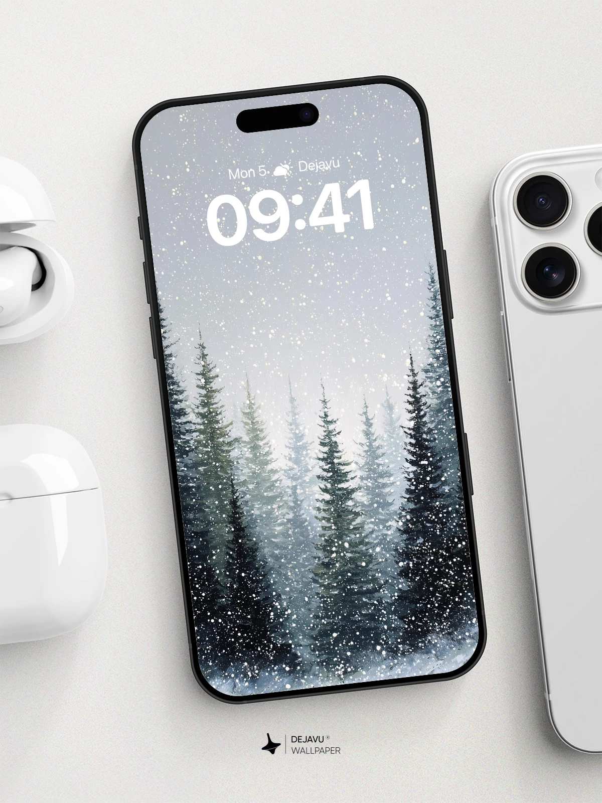 Winter Pine Forest Snowfall Wallpaper 8K for iPhone and Android