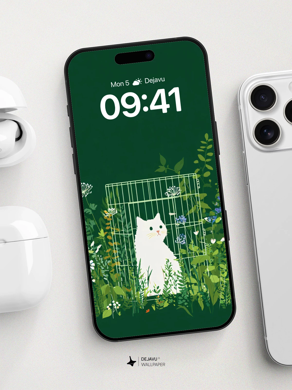 White Cat in Garden Cage Wallpaper 8K for iPhone and Android