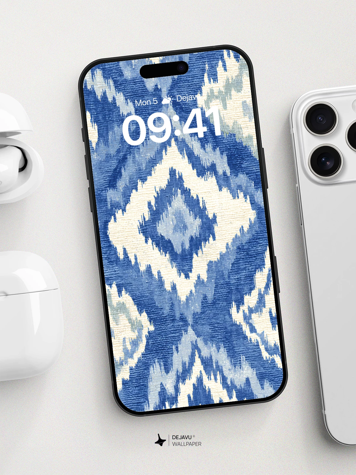 Blue Ikat Geometric Wallpaper 8K for iPhone and Android