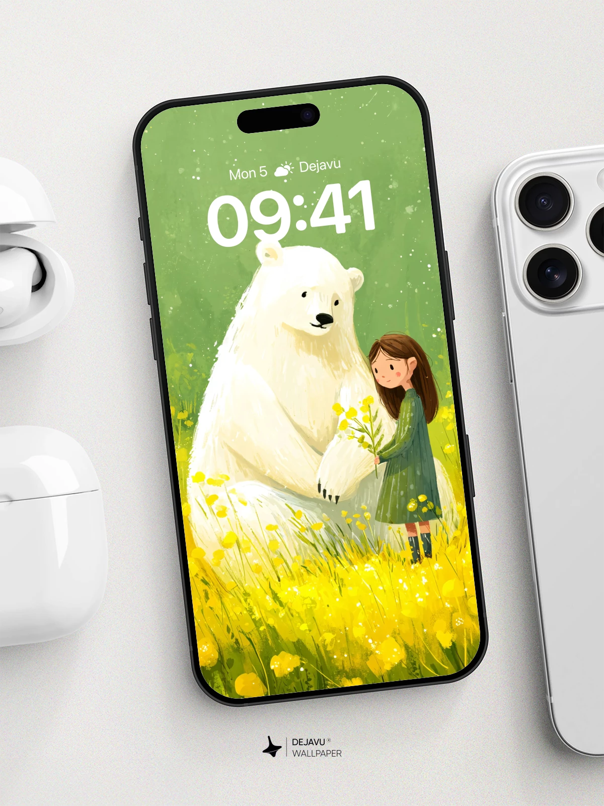 Whimsical Polar Bear And Girl In Flower Field Wallpaper 8K