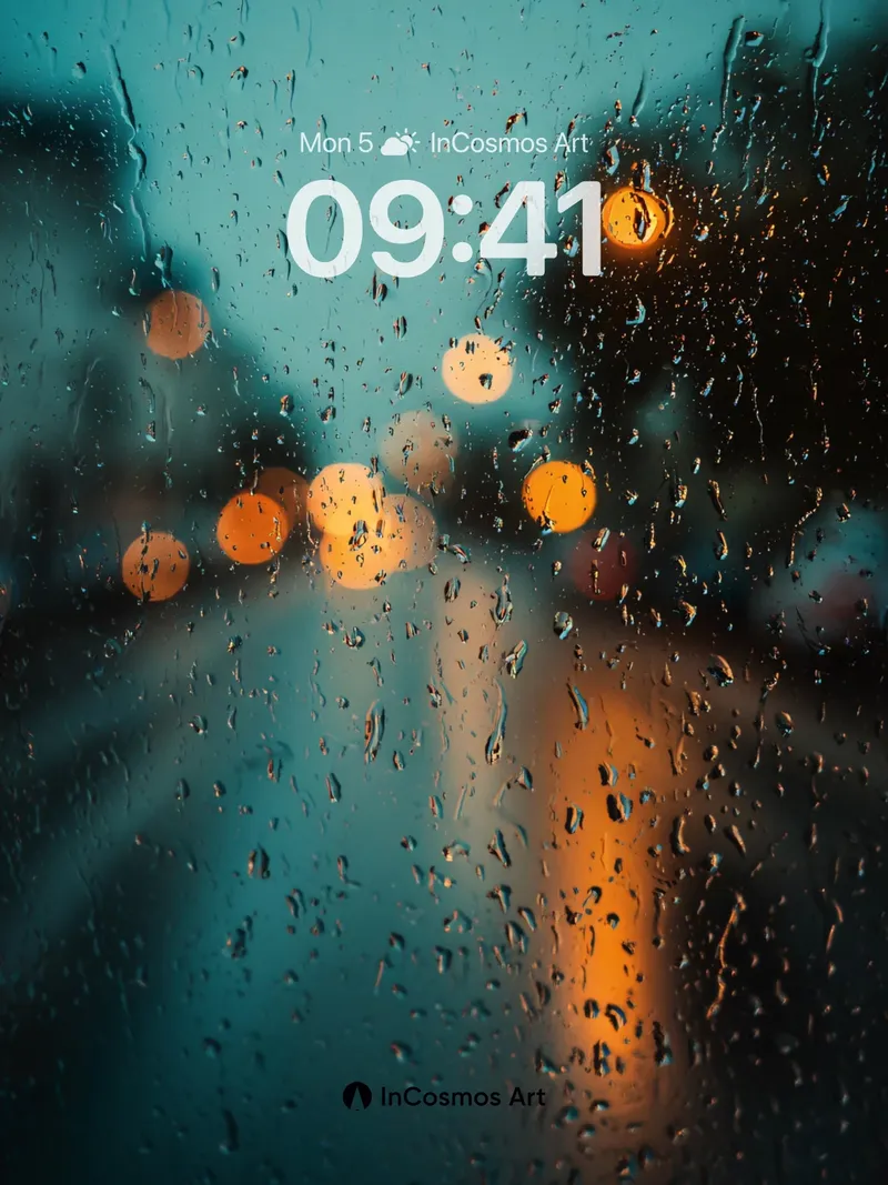 Rain-Streaked Night Wallpaper with Golden Orbs