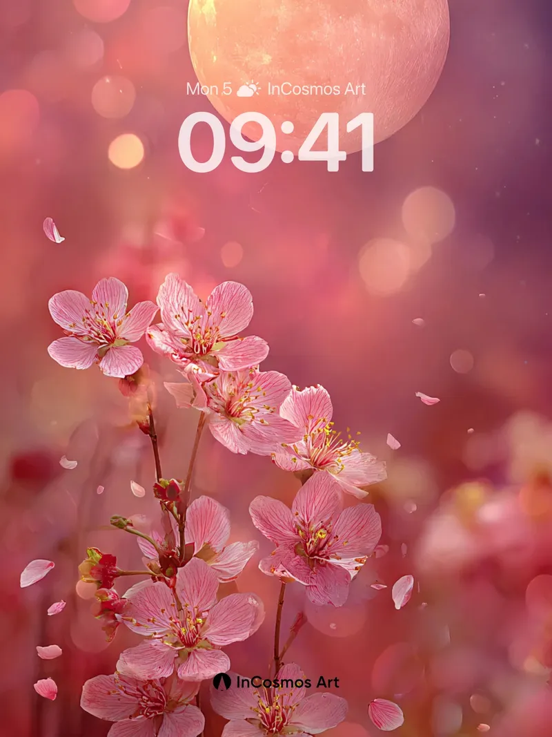 Lunar Bloom Wallpaper with Cherry Petal Drift