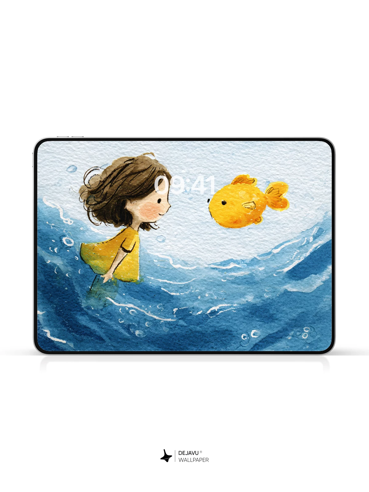 Whimsical Watercolor Girl and Goldfish Wallpaper 8K for iPhone and Android