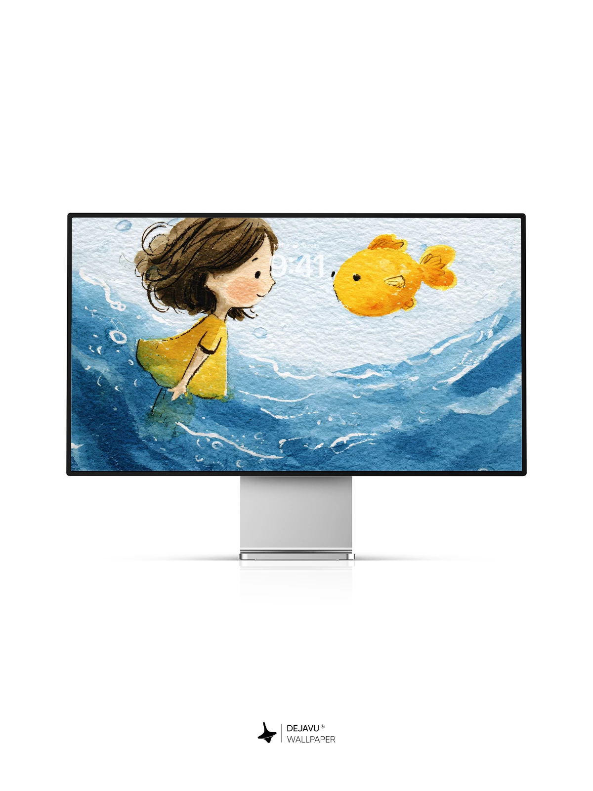 Whimsical Watercolor Girl and Goldfish Wallpaper 8K for iPhone and Android