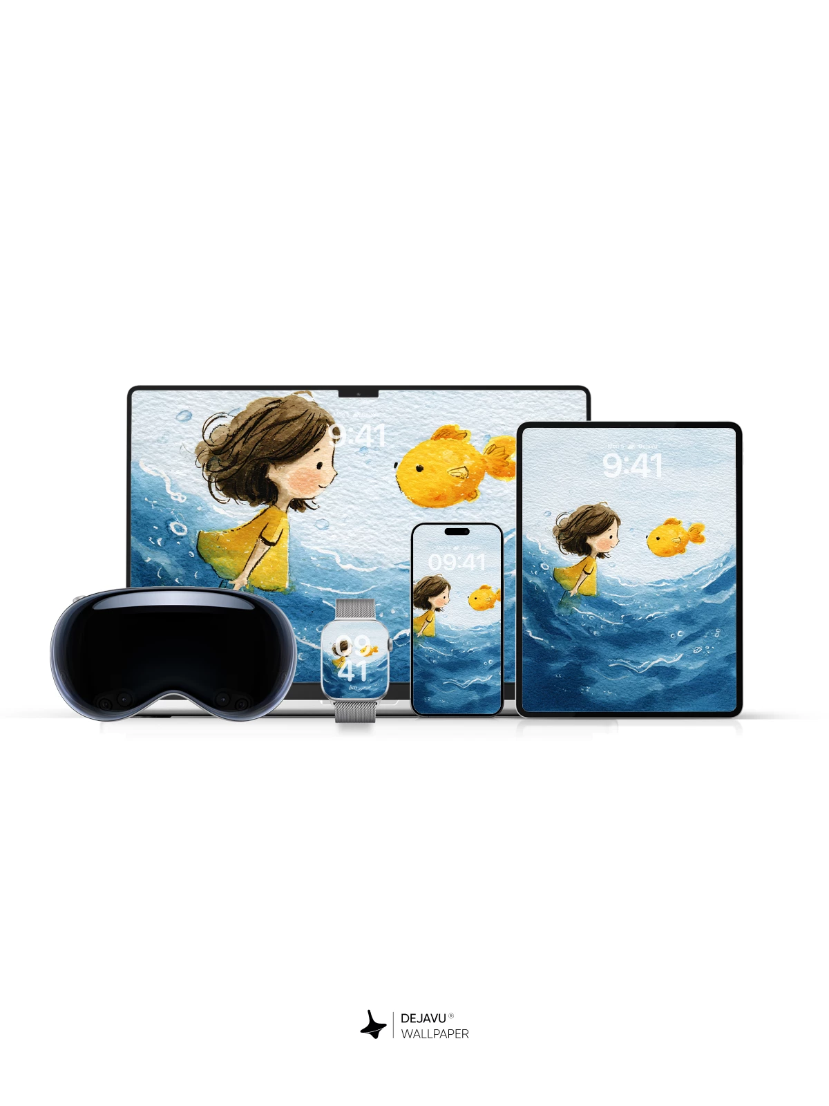 Whimsical Watercolor Girl and Goldfish Wallpaper 8K for iPhone and Android