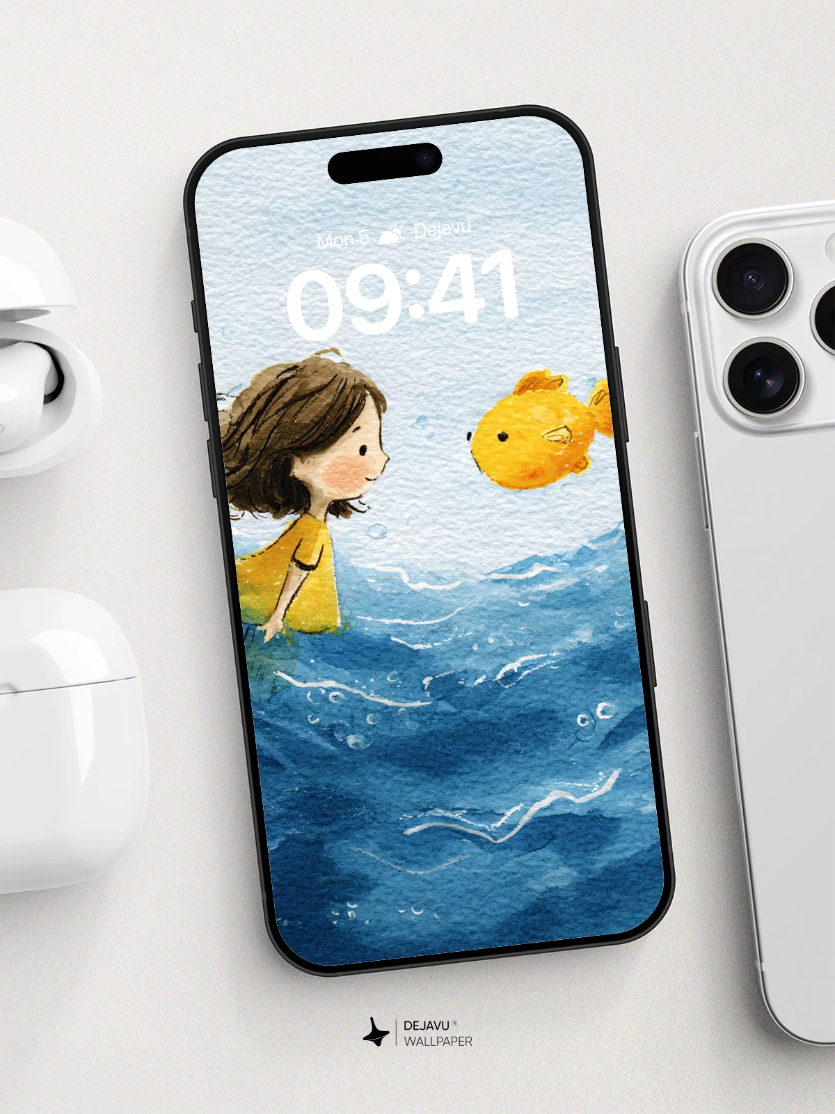 Whimsical Watercolor Girl and Goldfish Wallpaper 8K for iPhone and Android
