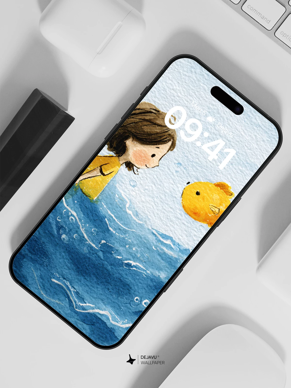 Whimsical Watercolor Girl and Goldfish Wallpaper 8K for iPhone and Android