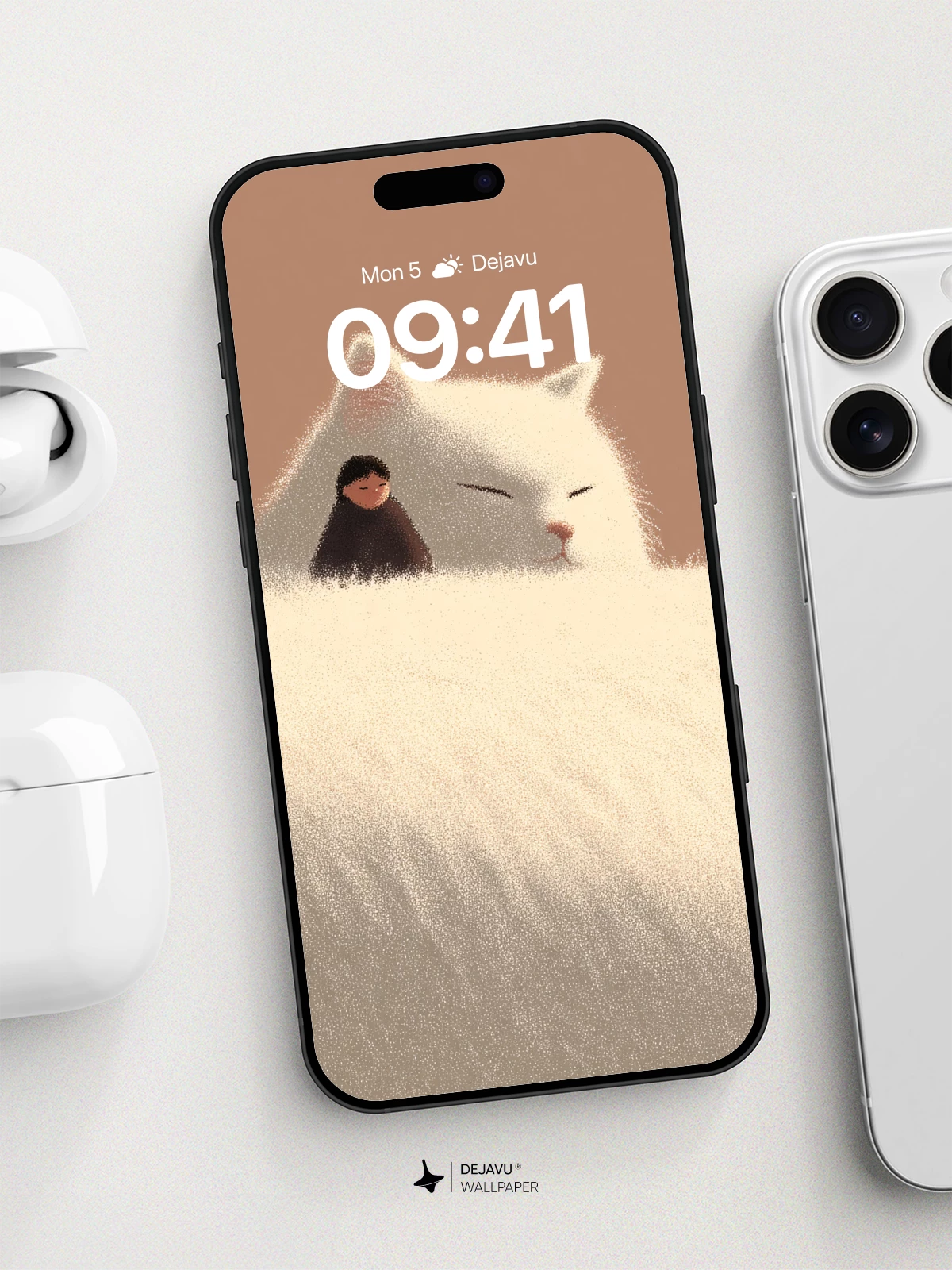 Giant White Cat With Child Wallpaper 8K for iPhone and Android