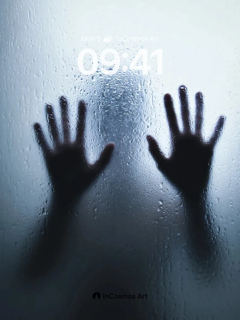 Shadowed Hands Wallpaper with Fogged Glass