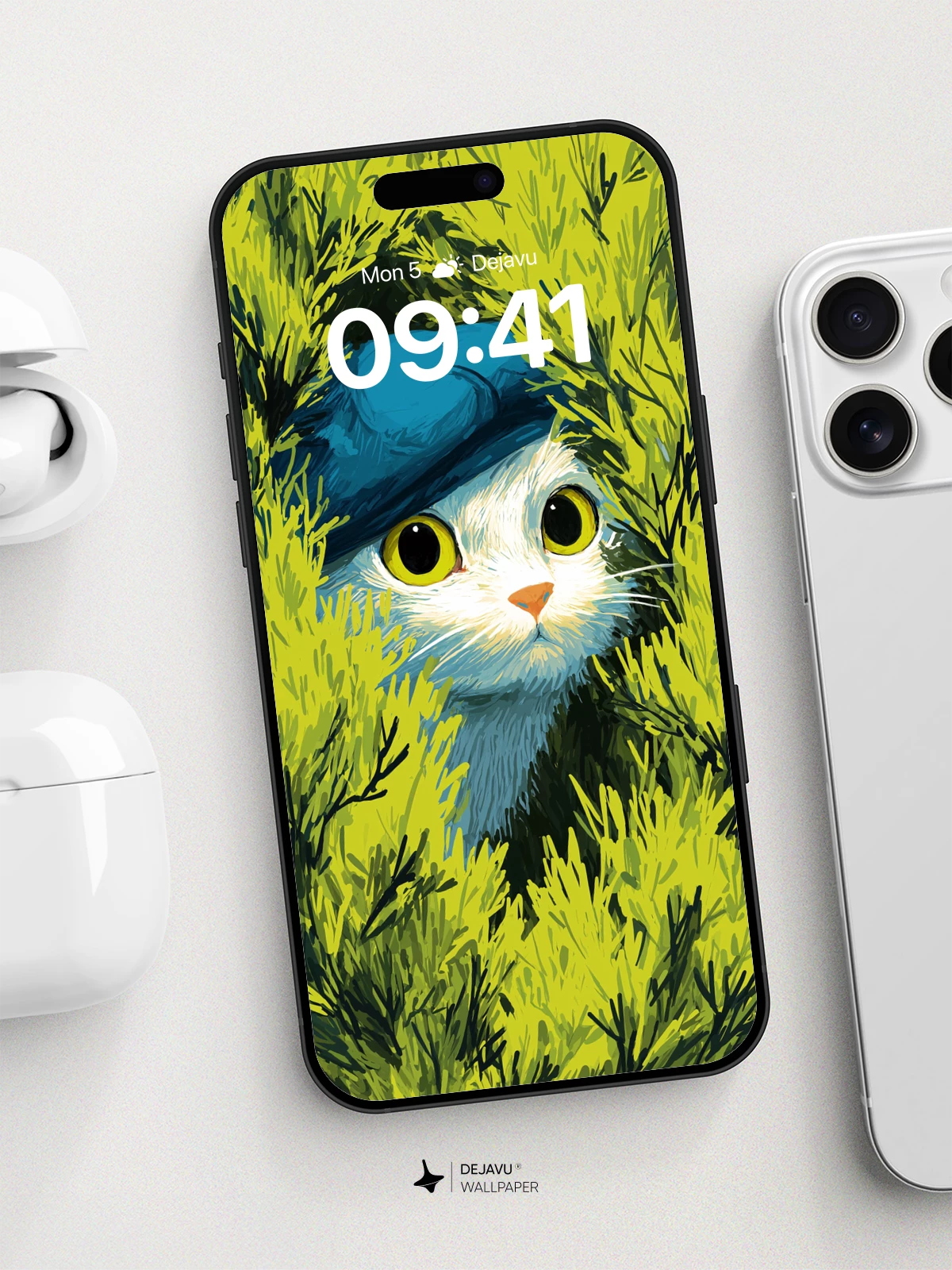 Whimsical Cat in Greenery Wallpaper 8K for iPhone and Android