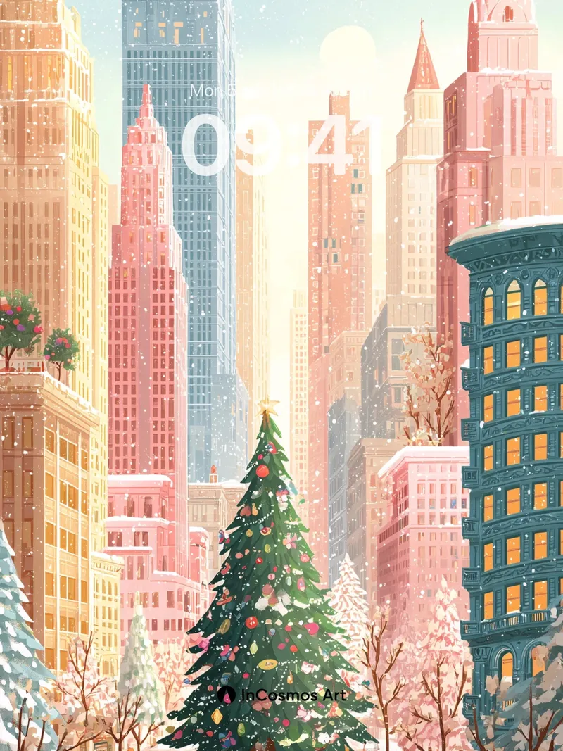 Snow-Kissed Cityscape Wallpaper with Holiday Light