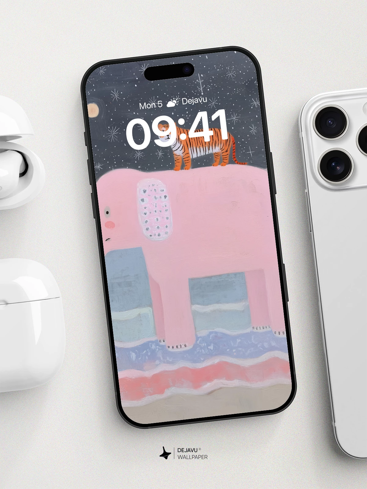 Whimsical Tiger on Pink Elephant Wallpaper 8K for iPhone and Android