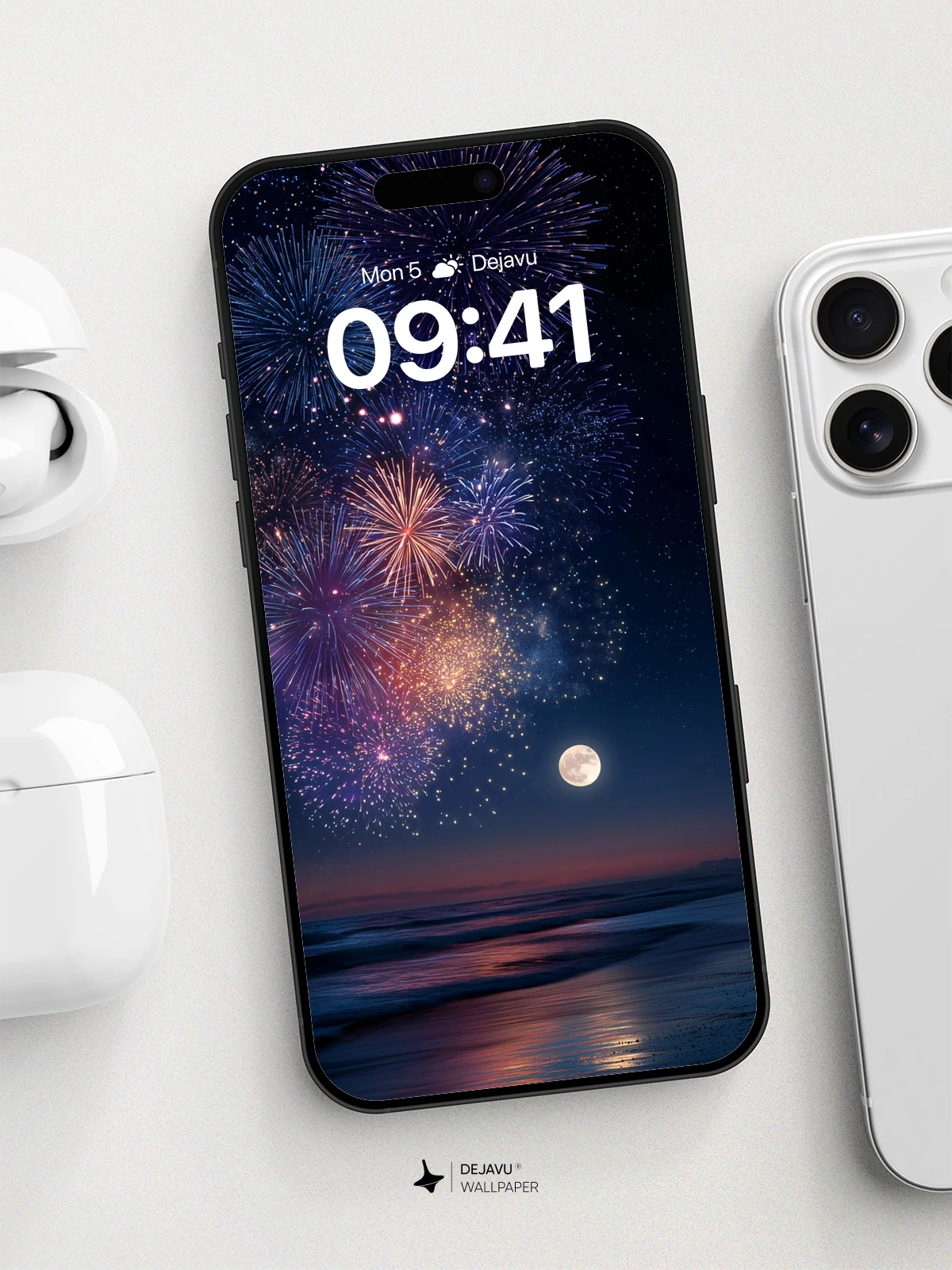 Celestial Fireworks Beach Wallpaper 8K for iPhone and Android