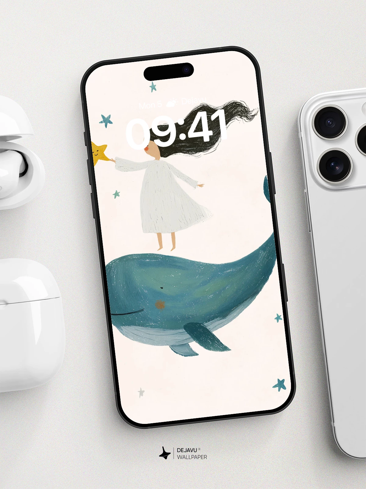Whimsical Girl on Whale Wallpaper 8K for iPhone and Android