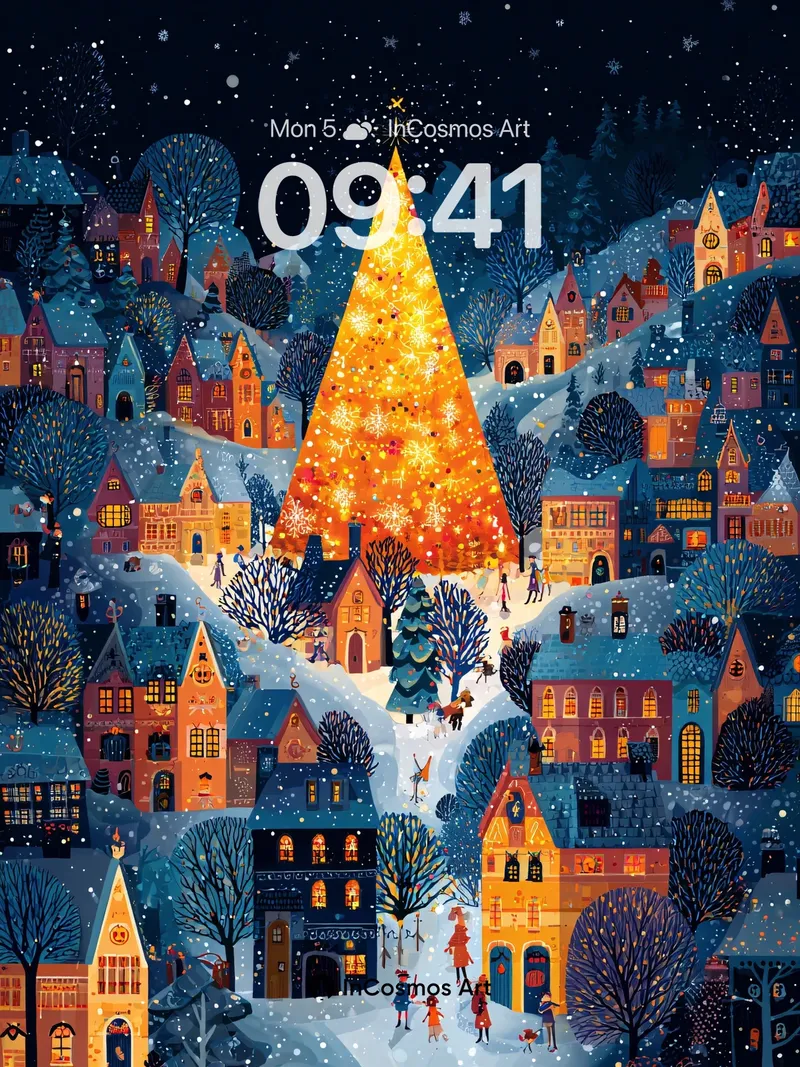 Frost-Kissed Village Wallpaper with Glowing Tree Heart