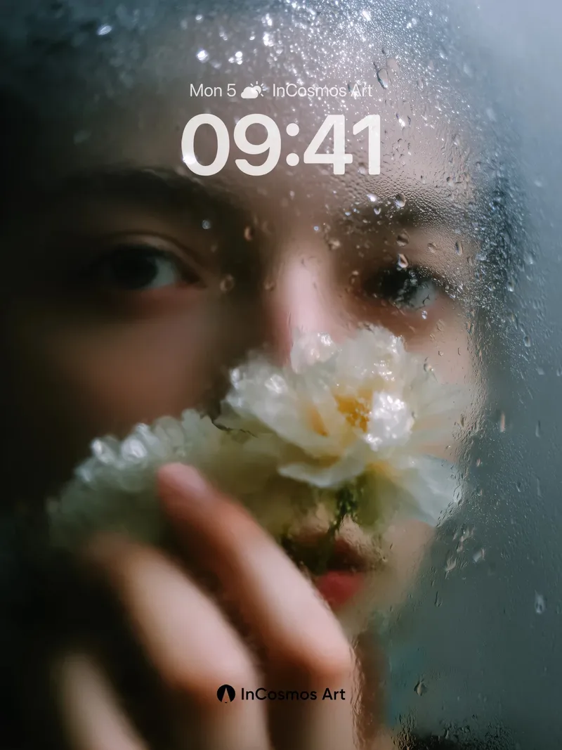 Whispering Petal Wallpaper with Rain-Soaked Glass