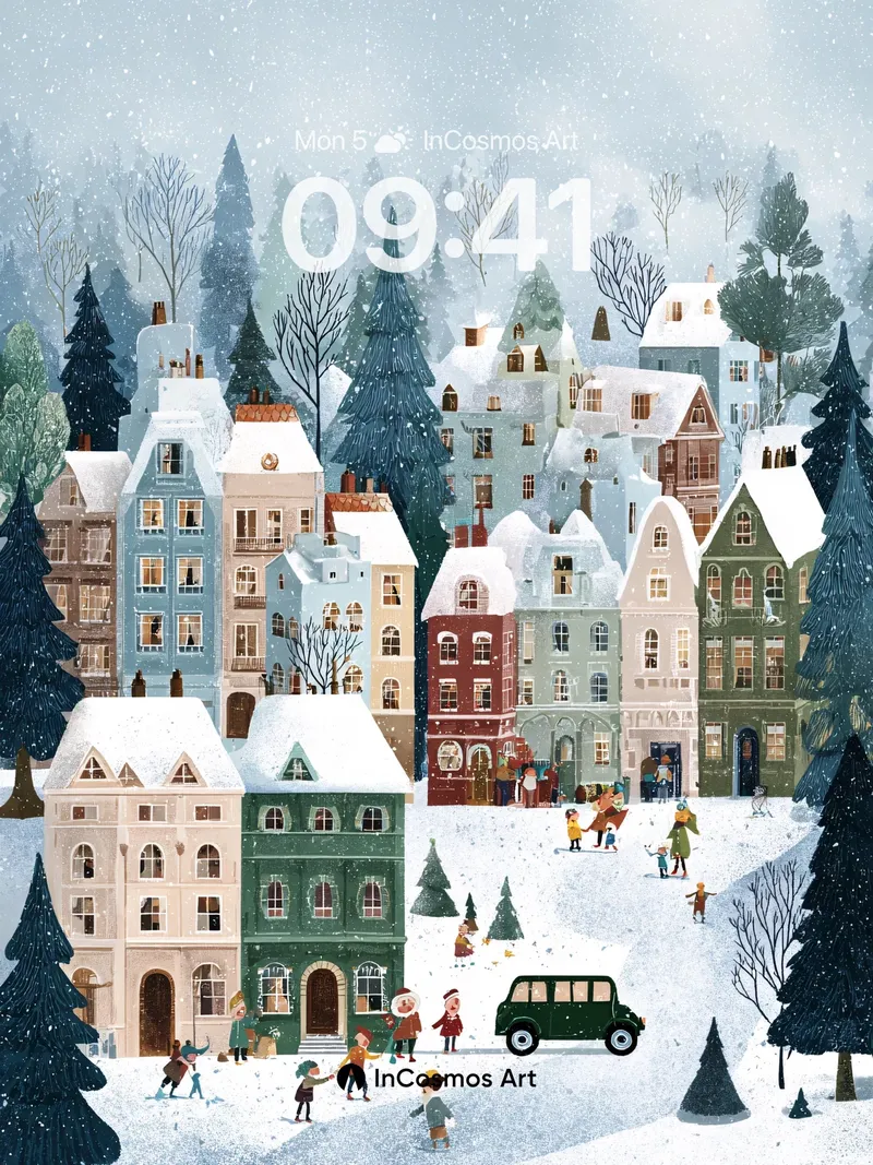 Snow-Kissed Village Wallpaper with Whispering Pines
