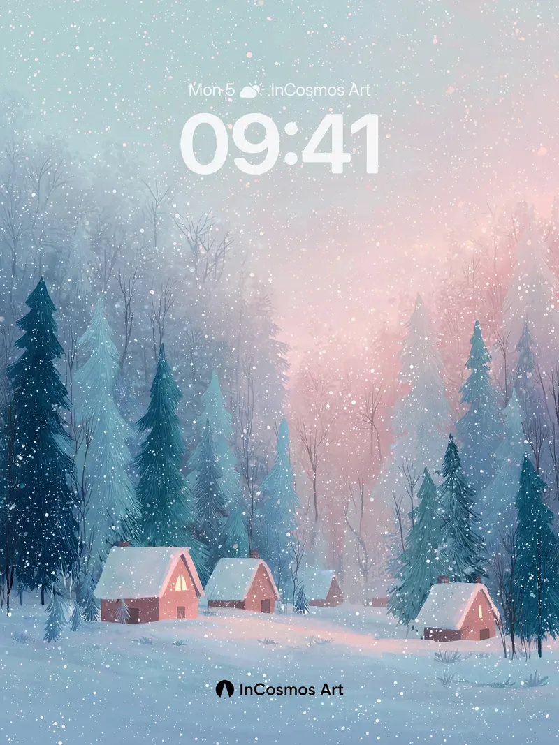 Frost-Lit Forest Wallpaper with Glowing Cabins