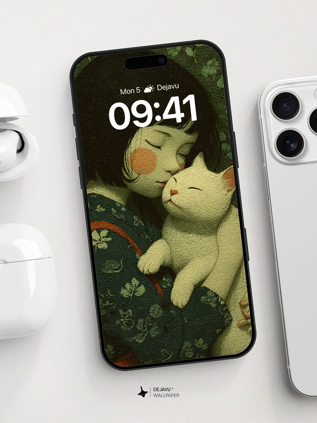 Whispering Bonds: Girl and Cat Wallpaper 8K for iPhone and Android