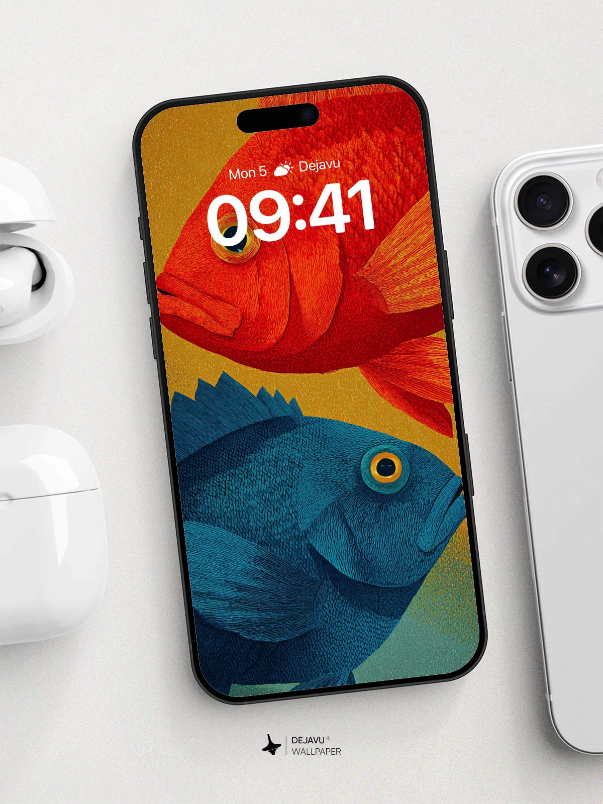 Vibrant Red and Blue Fish Art Wallpaper 8K for iPhone and Android