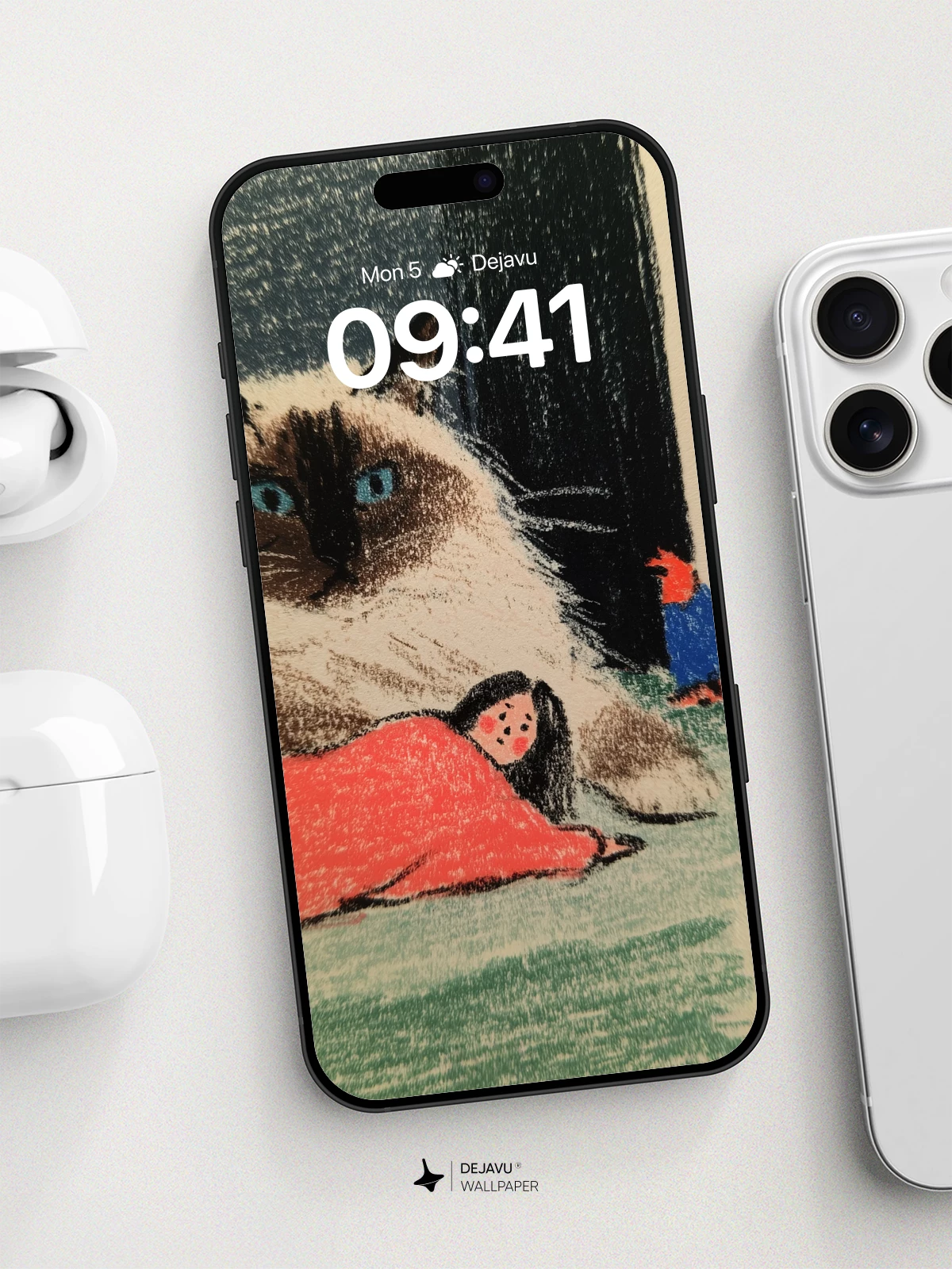 Whimsical Cat and Dreamer Wallpaper 8K for iPhone and Android