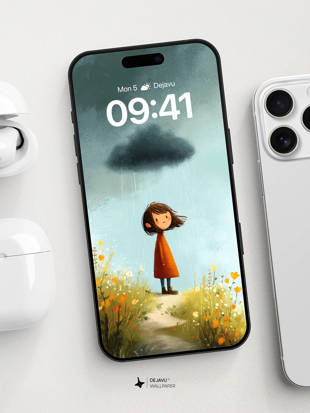 Whimsical Rain Cloud Girl Wallpaper 8K for iPhone and Android