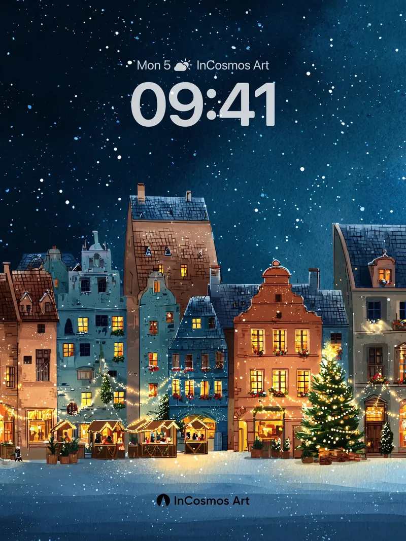 Starry Night Market Wallpaper with Snowfall Glow