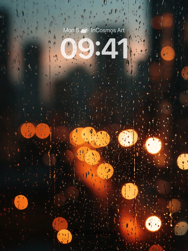 Rain-Streaked City Wallpaper with Warm Bokeh Lights