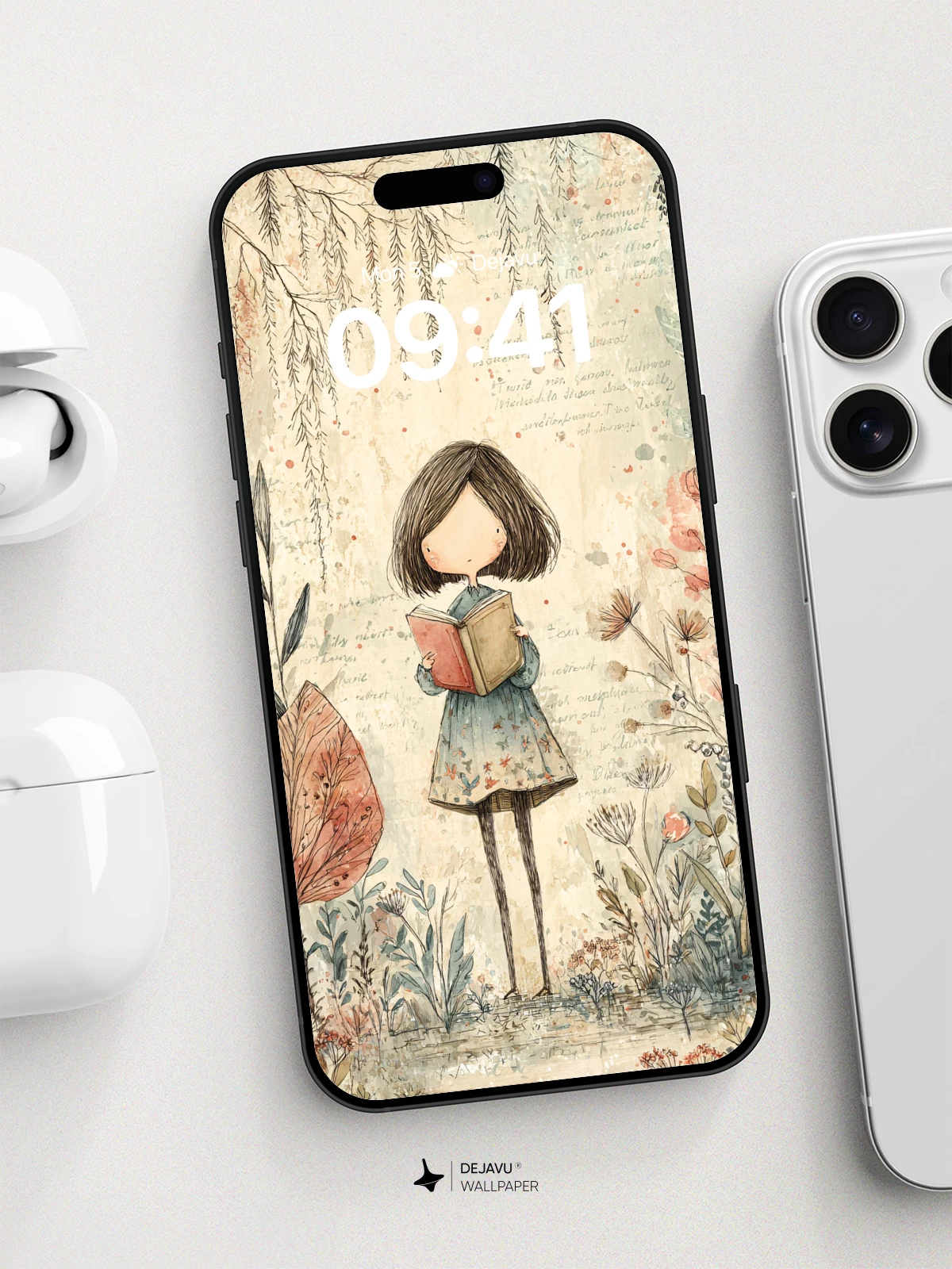 Whimsical Girl Reading in Floral Forest Wallpaper 8K for iPhone and Android