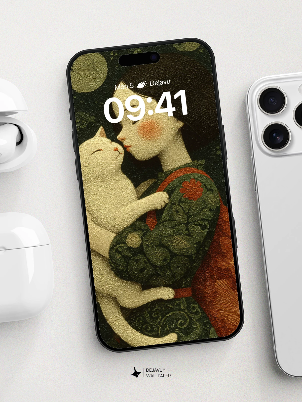 Whimsical Cat Embrace Wallpaper 8K for iPhone and Android