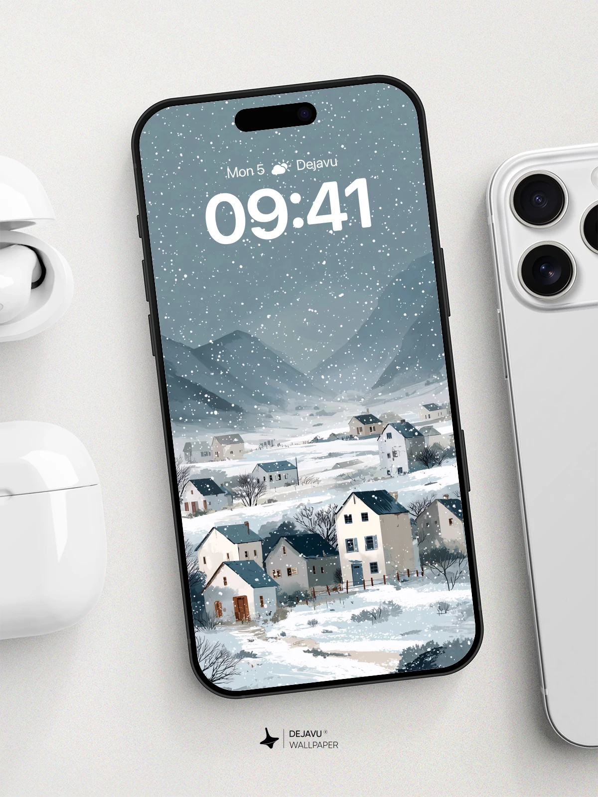 Winter Village Snowfall Wallpaper 8K for iPhone and Android