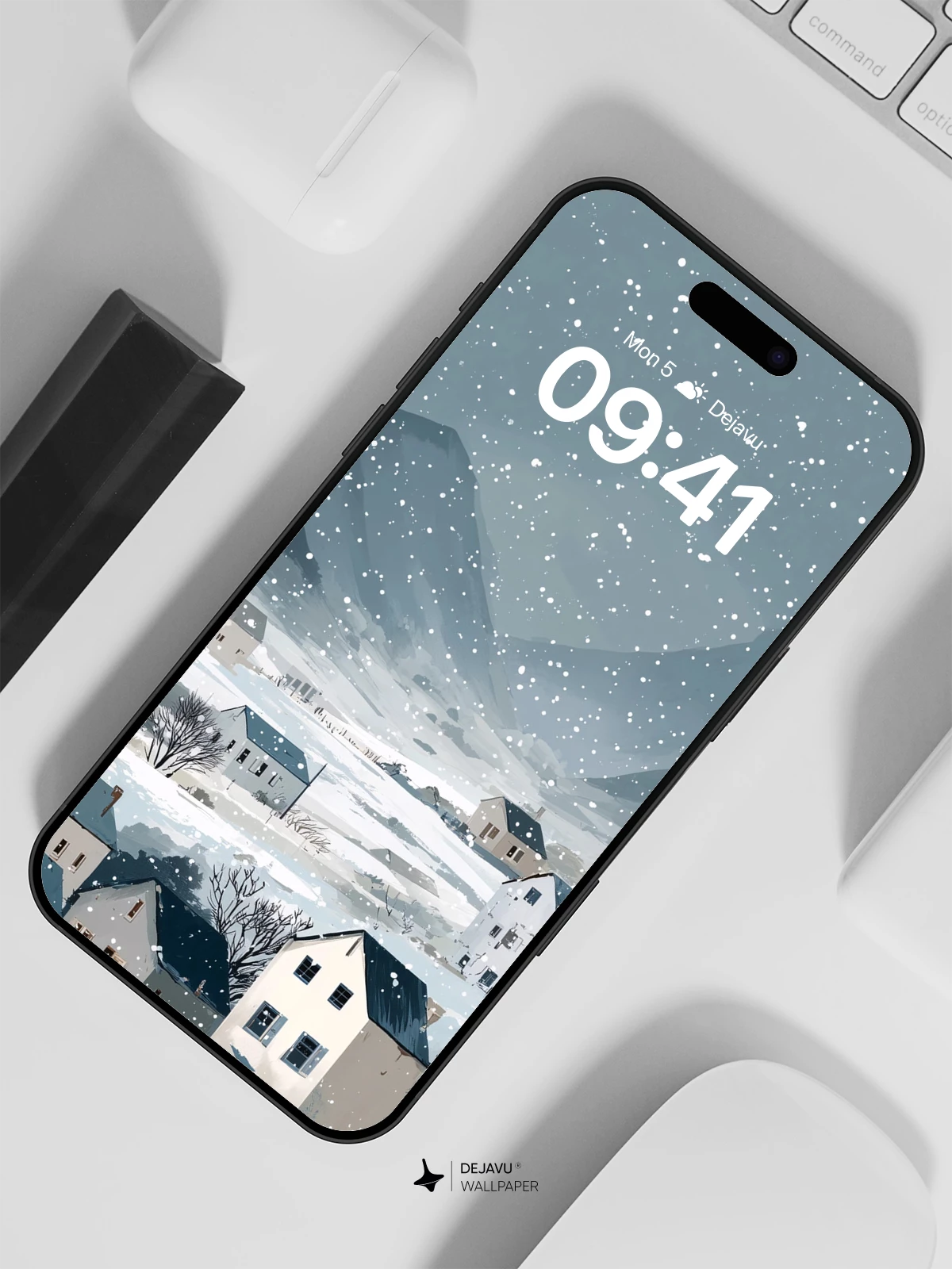 Winter Village Snowfall Wallpaper 8K for iPhone and Android