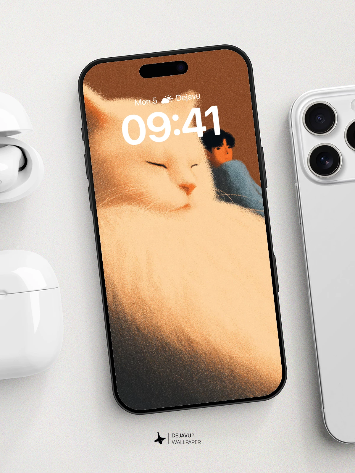 Giant White Cat With Sleeping Boy Wallpaper 8K for iPhone and Android
