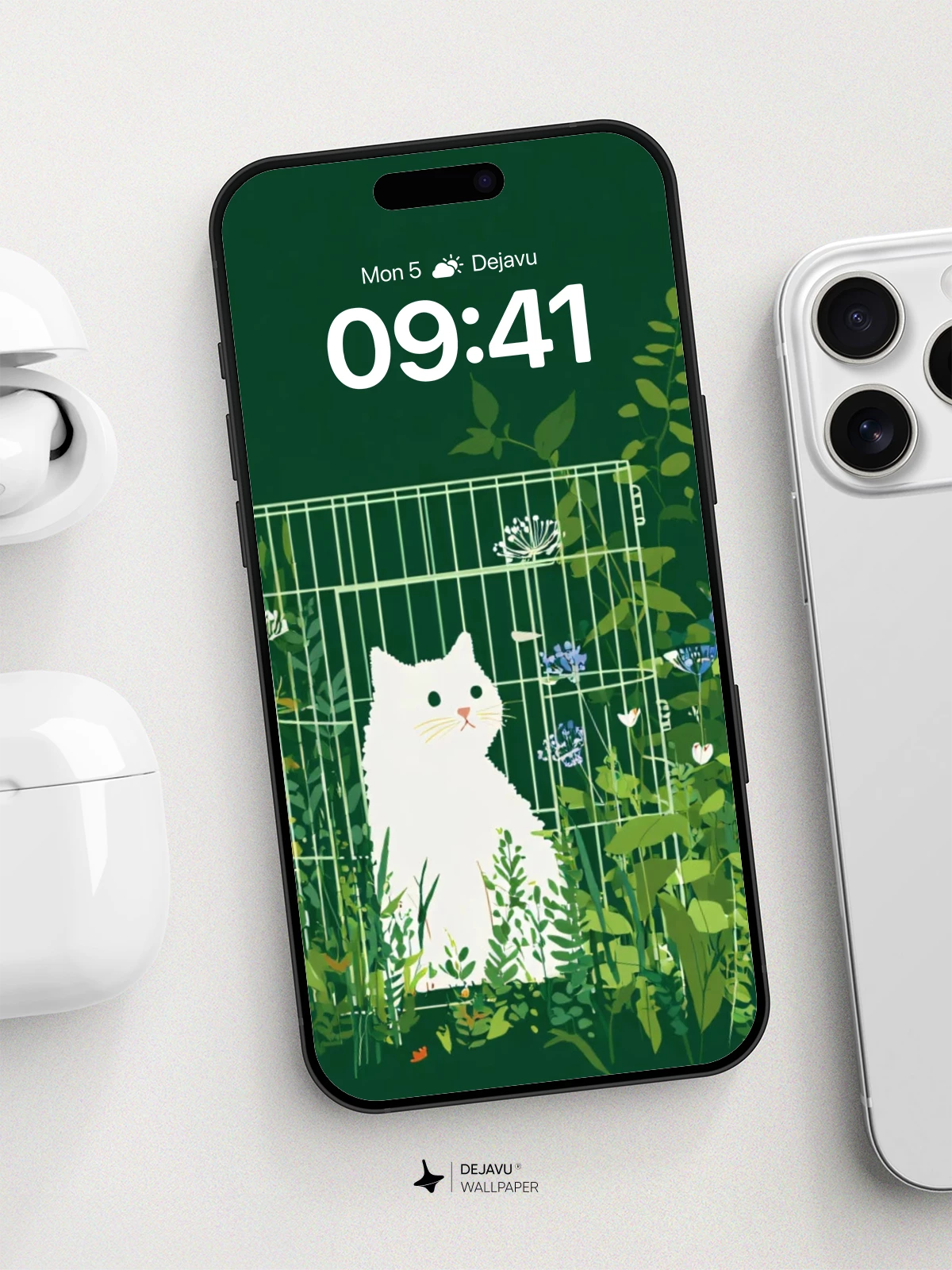 White Cat in Cage Garden Wallpaper 8K for iPhone and Android