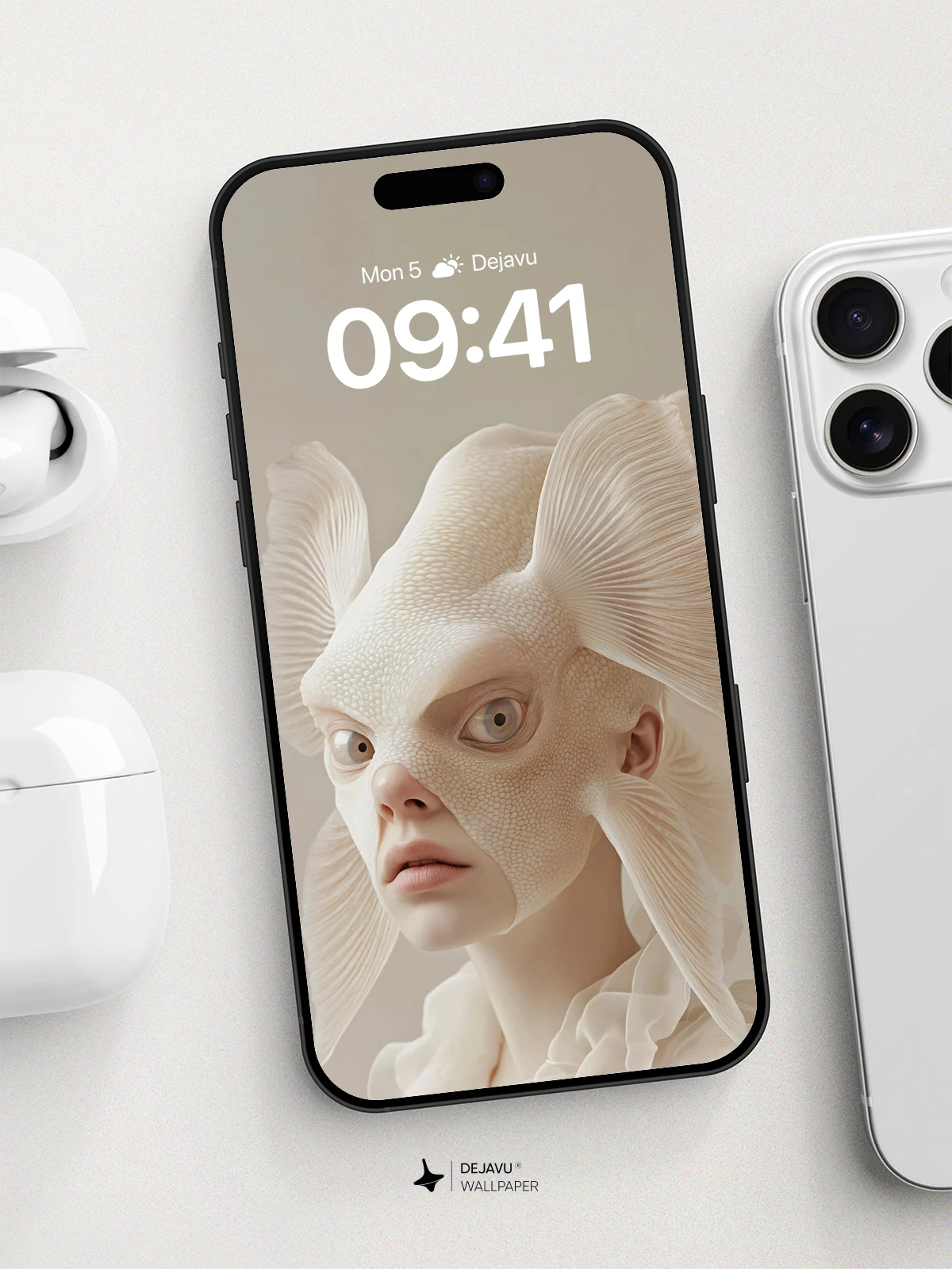 Surreal Fish-Faced Portrait Wallpaper 8K for iPhone and Android