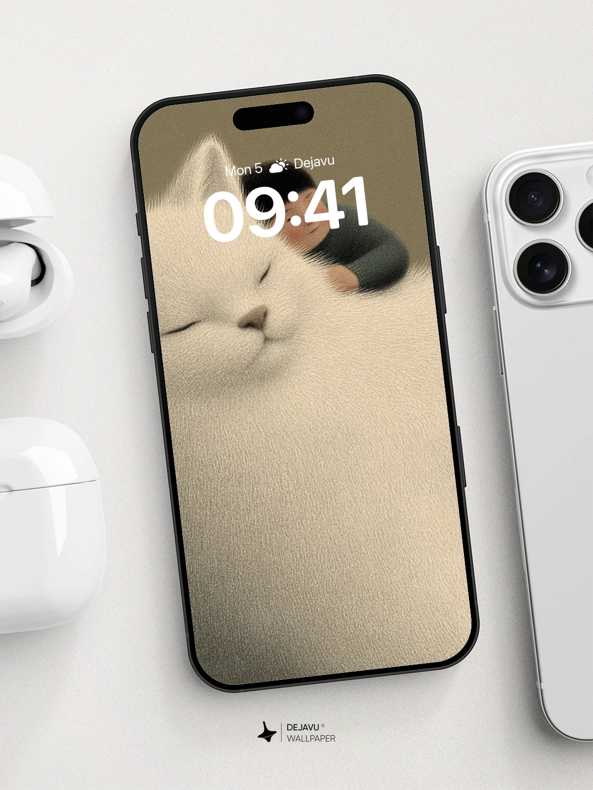 Giant White Cat and Child Wallpaper 8K for iPhone and Android