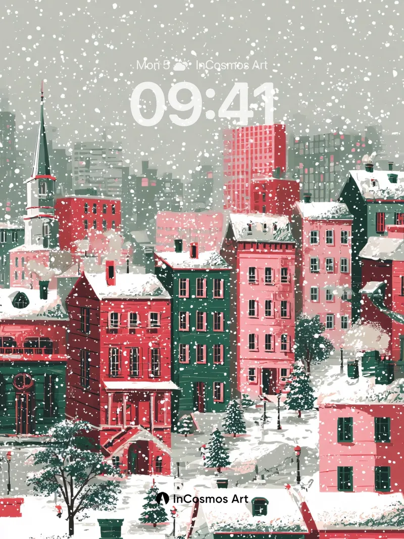 Snowfall Whispers Wallpaper with Crimson Rooftops