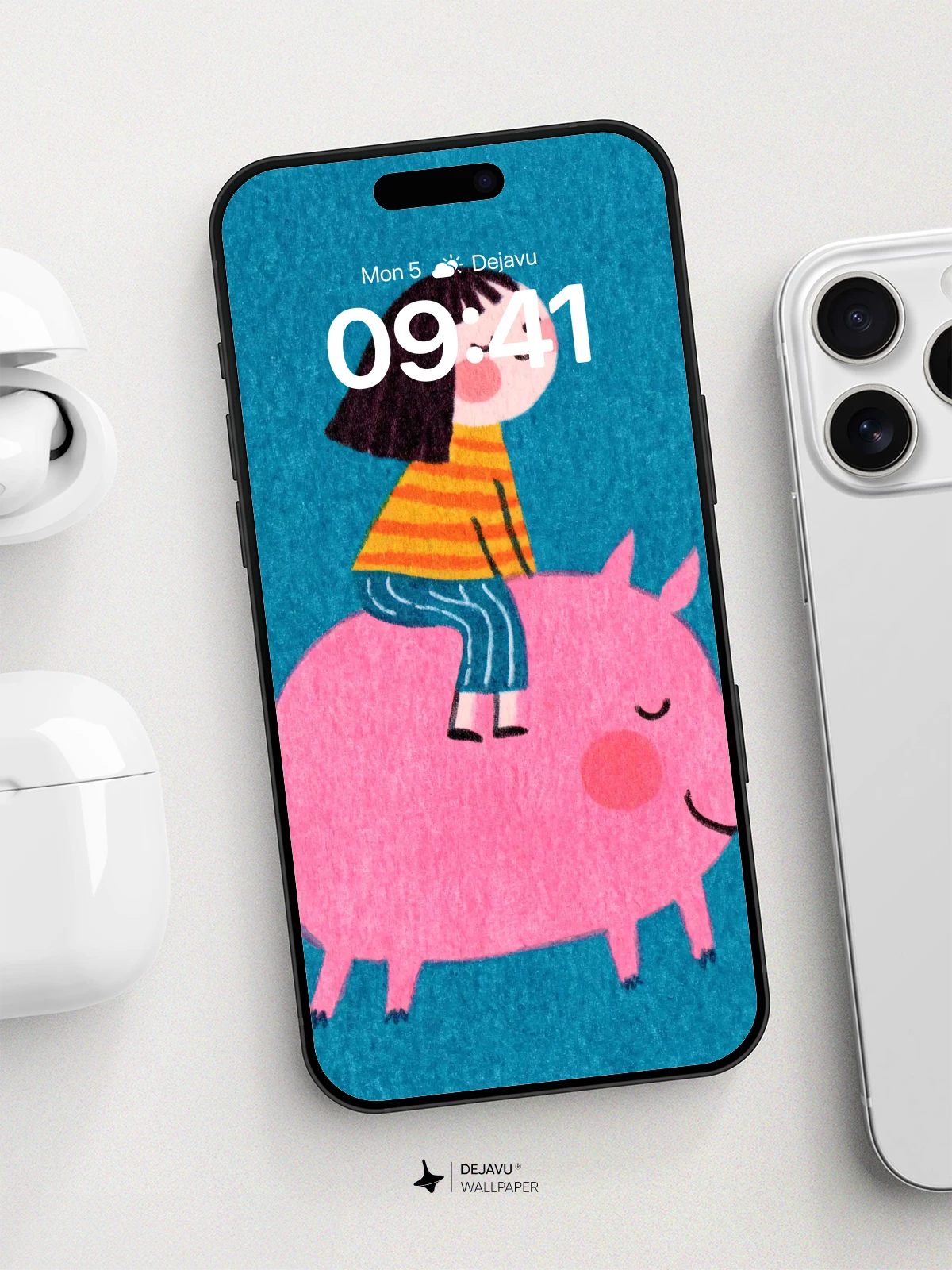 Whimsical Girl Riding Pink Pig Wallpaper 8K for iPhone and Android