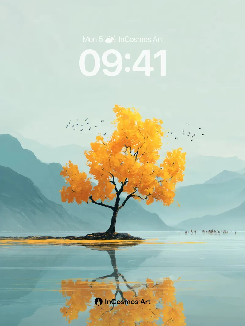 Golden Solitude Wallpaper with Mountain Mirror