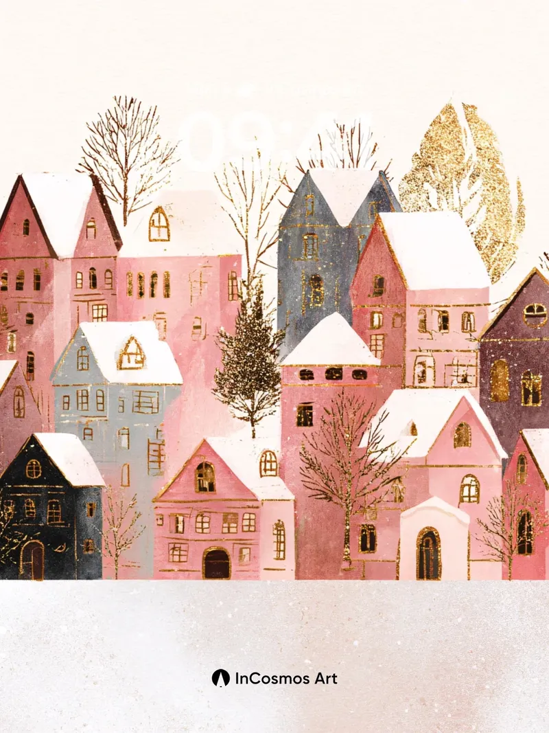 Whispering Snowfall Wallpaper with Pastel Villages