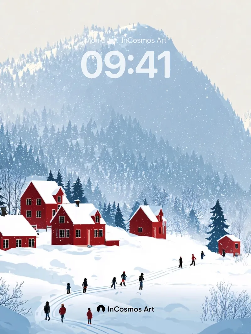 Snowfall Serenade Wallpaper with Crimson Cottages