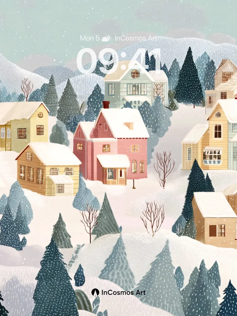 Snow-Covered Village Wallpaper with Whispering Pines