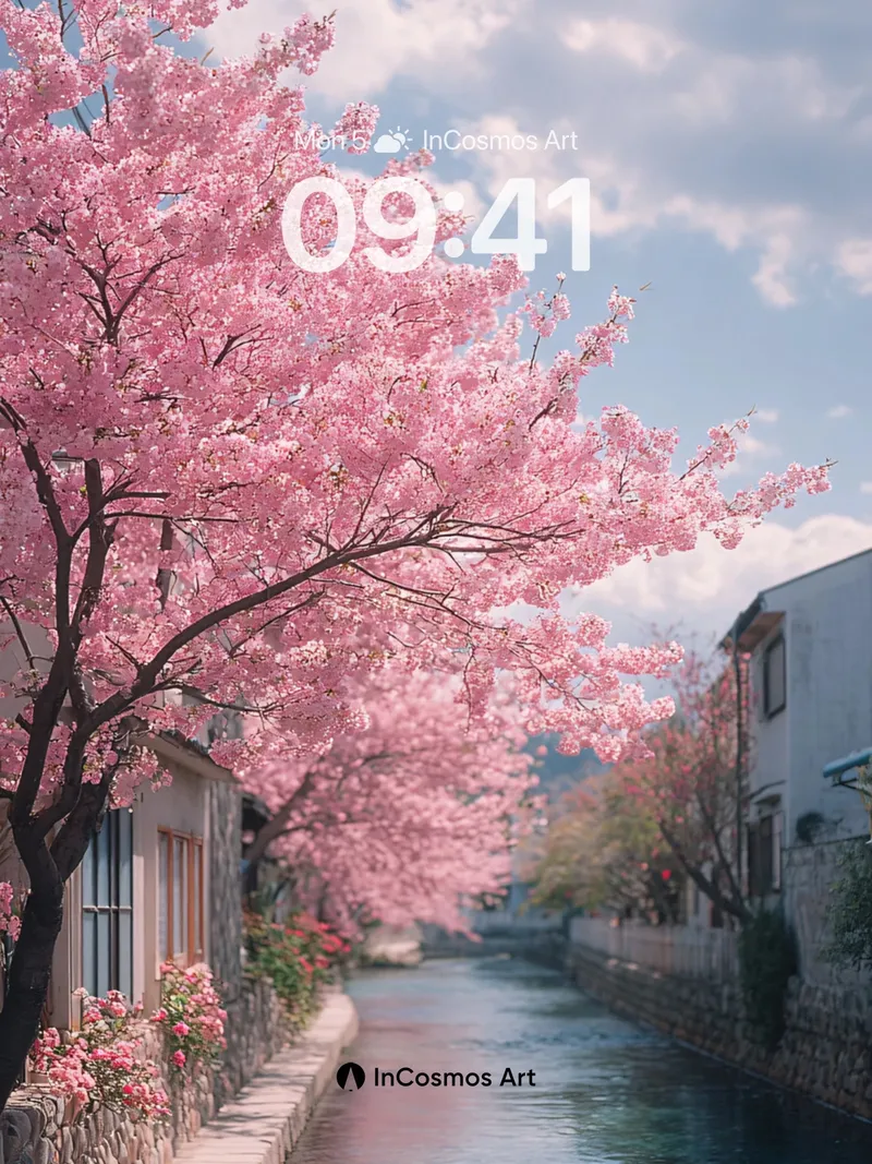 Serenity Cherry Path Wallpaper with Reflective Water