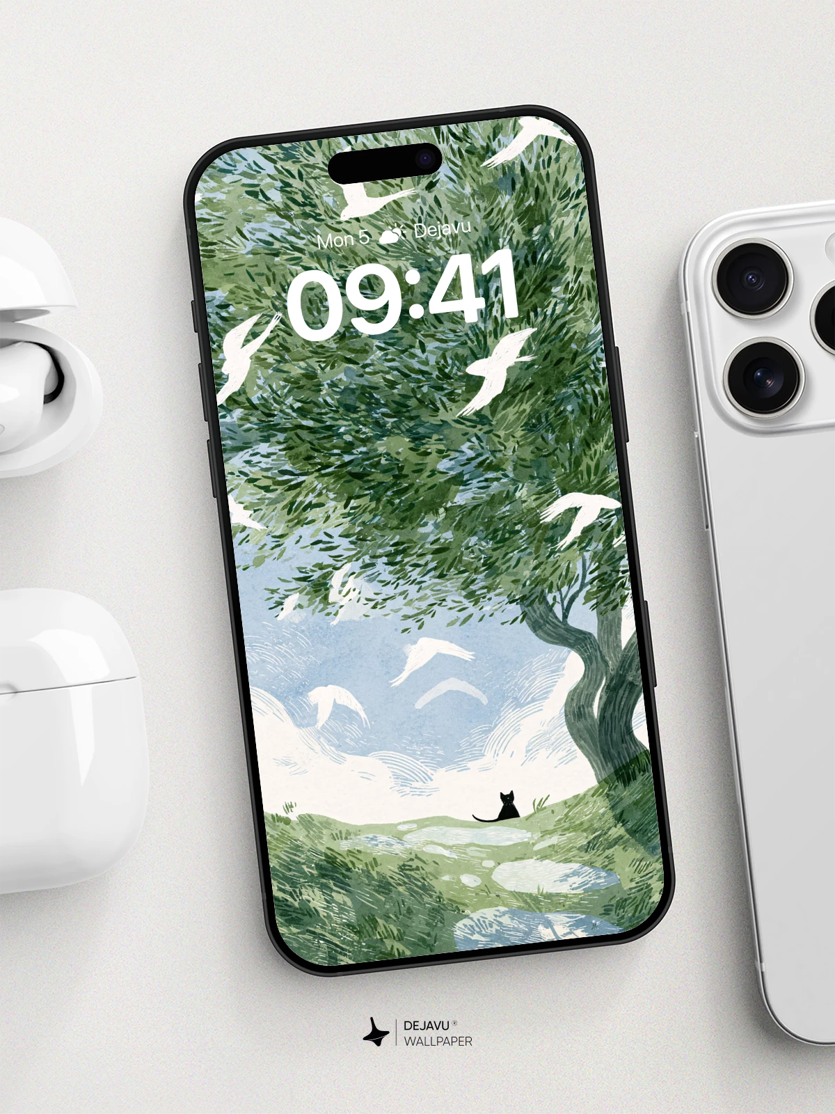 Whimsical Tree and Birds Wallpaper 8K for iPhone and Android