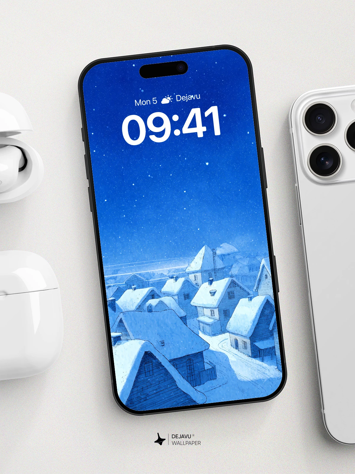 Snowy Village Night Sky Wallpaper 8K for iPhone and Android