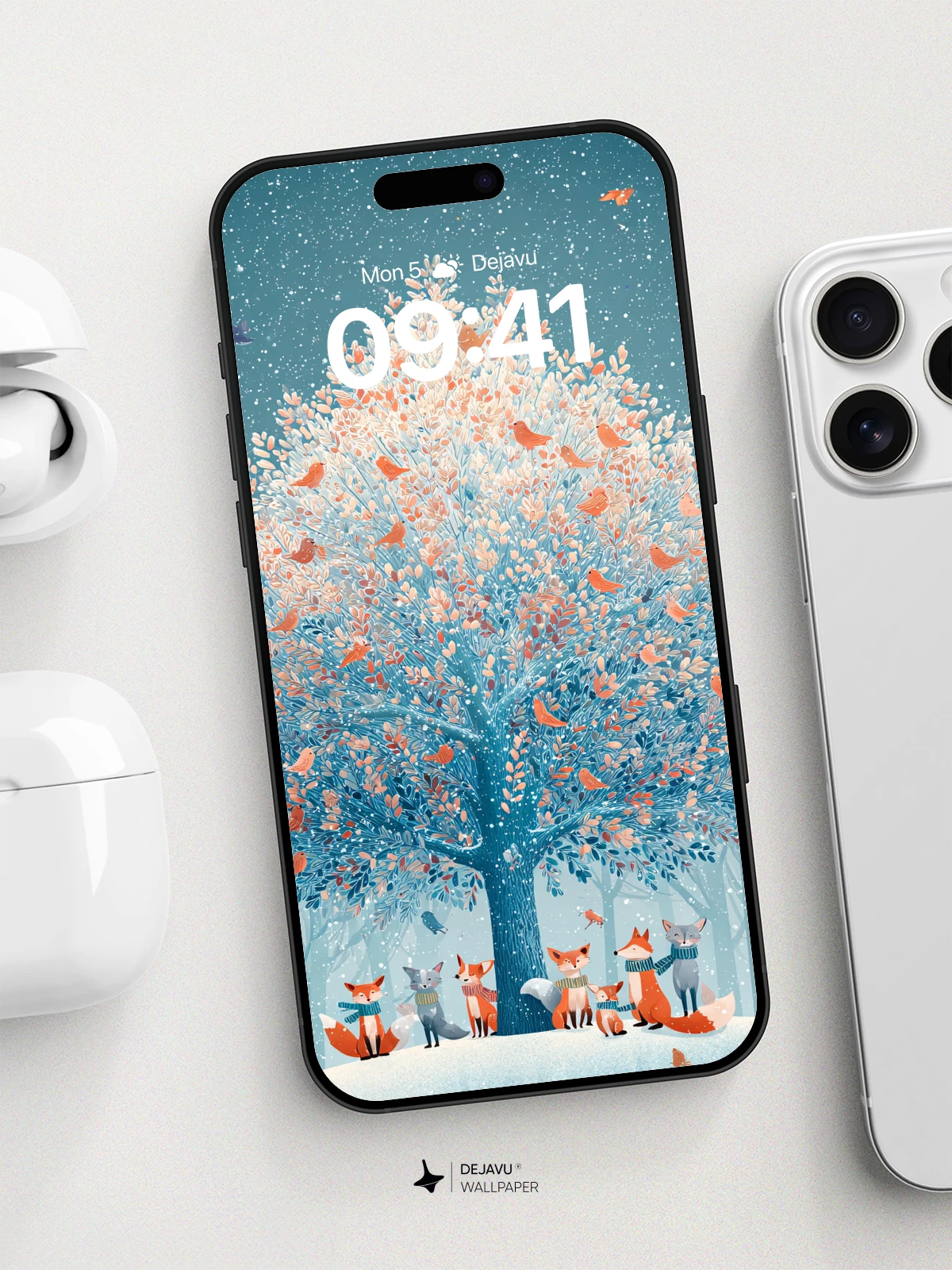 Winter Foxes Under Snowy Tree Wallpaper 8K for iPhone and Android