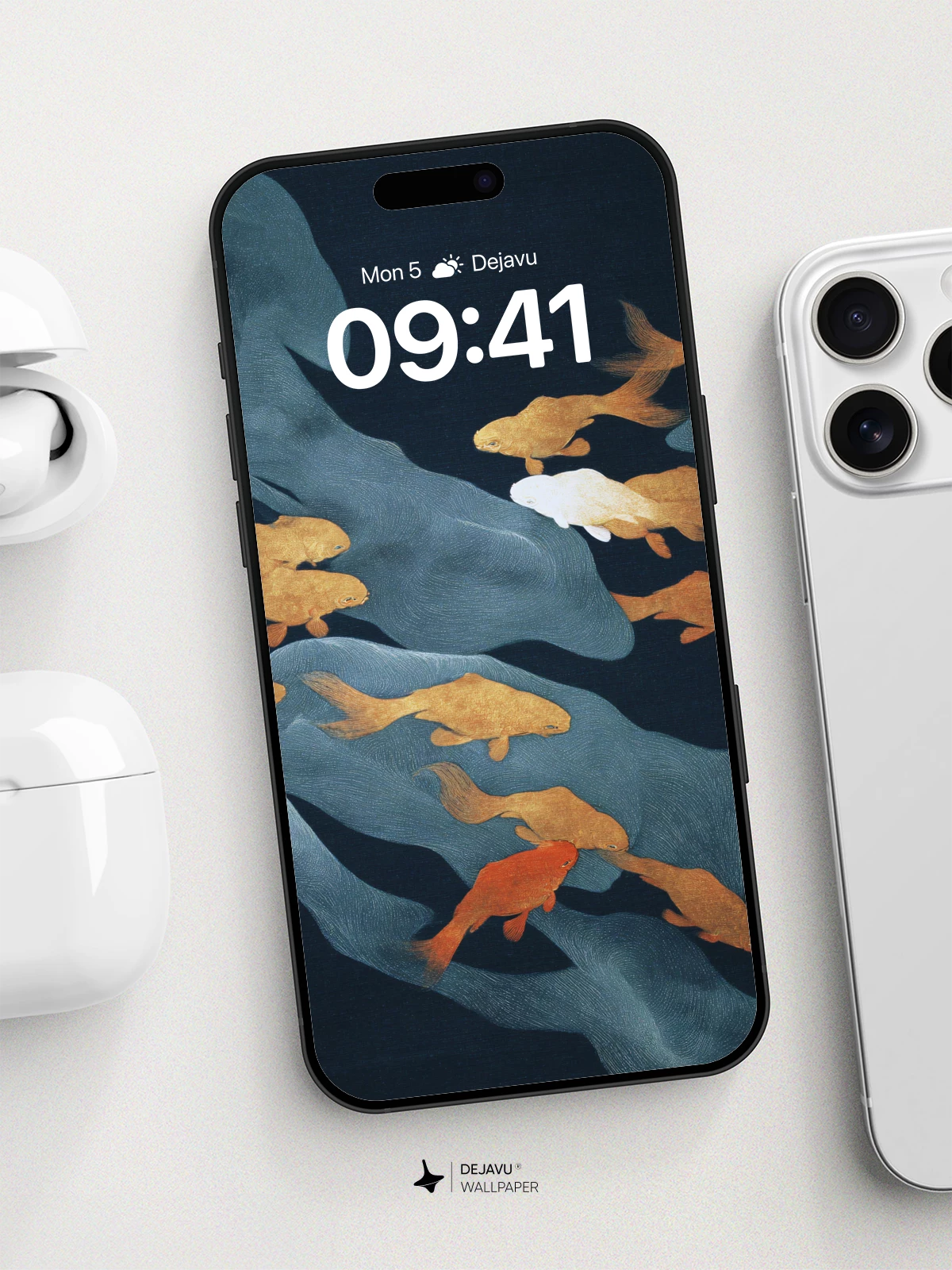 Golden Koi in Midnight Currents Wallpaper 8K for iPhone and Android